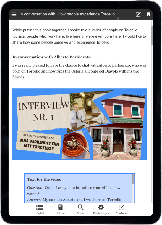 Interactive Venice travel guide screenshot showcasing author Sabine in her first interview