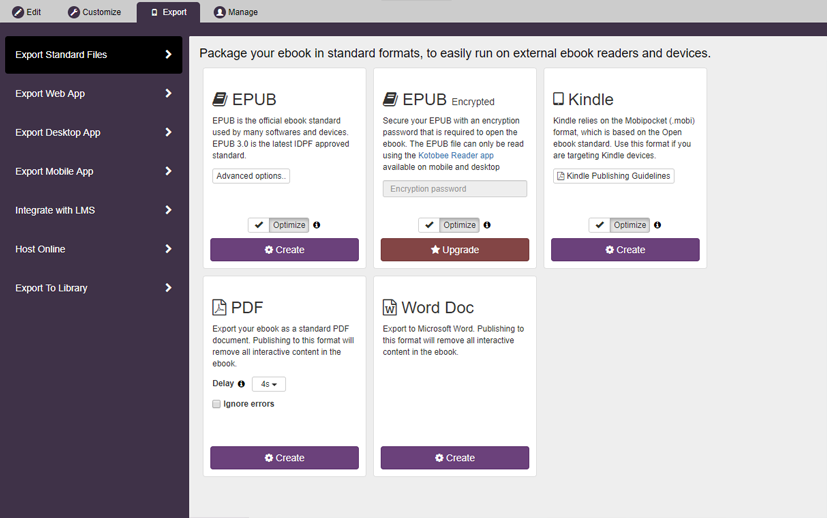 Exporte a más de 12 formatos diferentes, o aloje inmediatamente en línea usando <a href="%url%">Kotobee Cloud</a>.